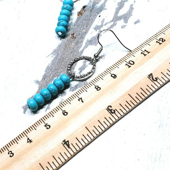 Turquoise Howlite Gemstone Rondelle Beads Textured Silver Ring Handcrafted Earri - Picture 10 of 10